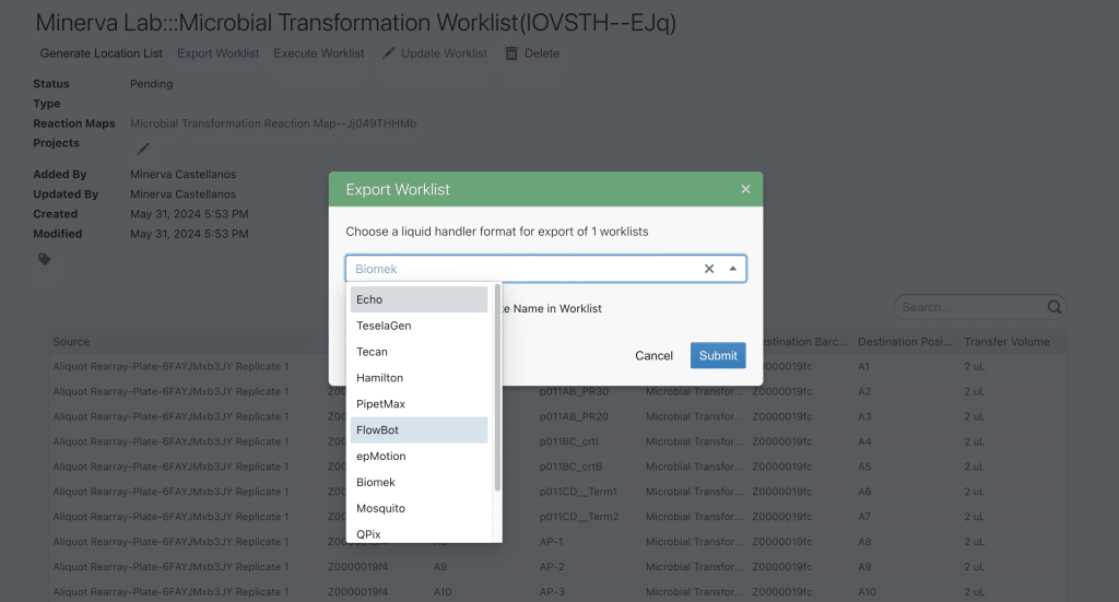 Export worklist for liquid handling equipment in TeselaGen app screenshot